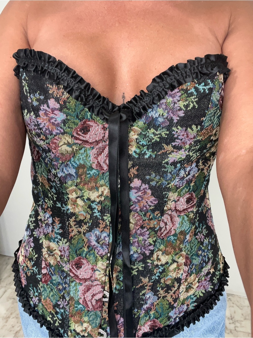 Floral Brocade Strapless Corset Top - Black/Multi